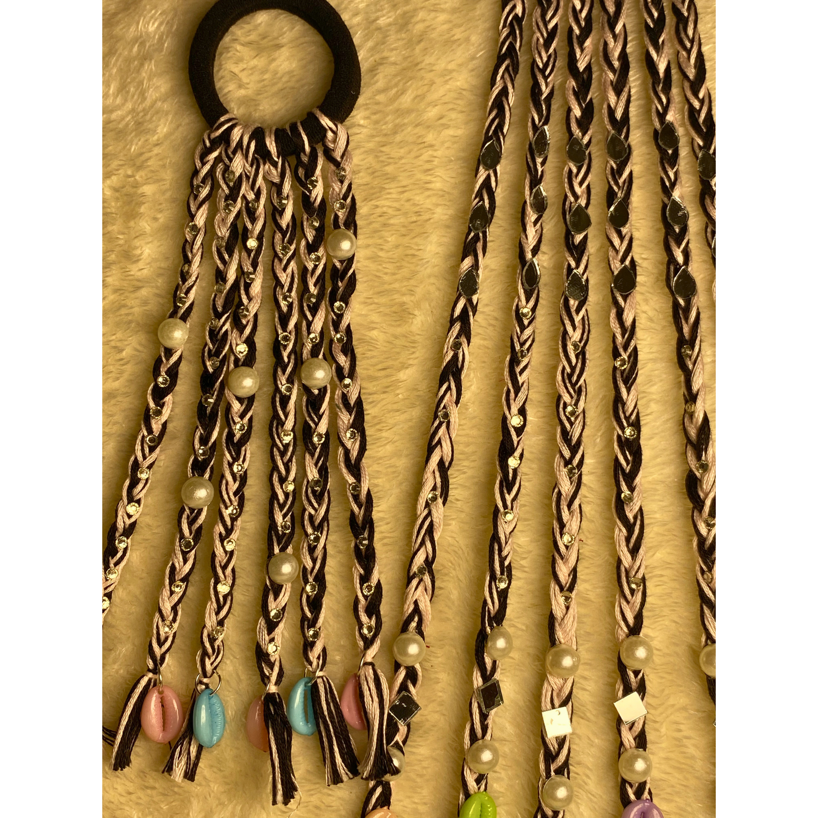 Noir pearl boho hair string long with mirror sequin and sea shell charm