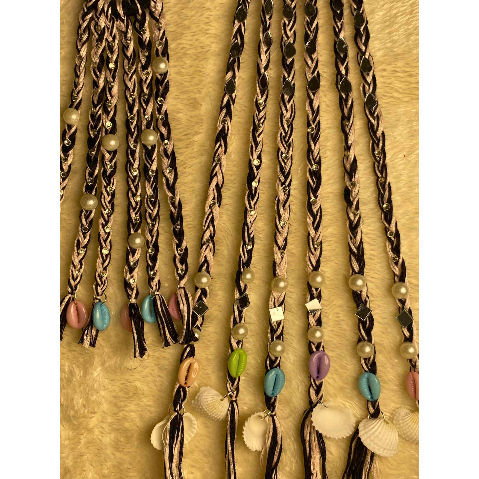 Noir pearl boho hair string long with mirror sequin and sea shell charm