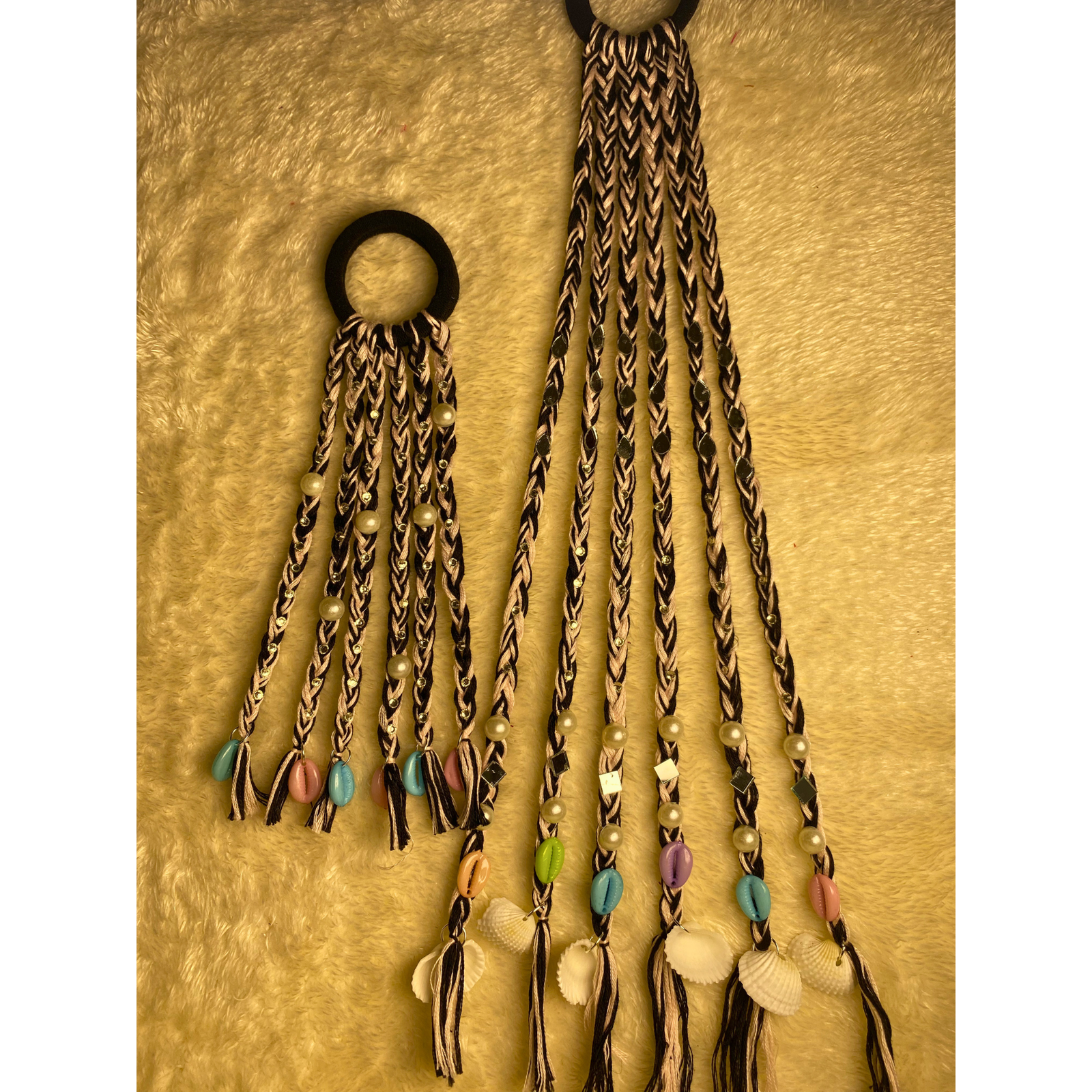Noir pearl boho hair string long with mirror sequin and sea shell charm