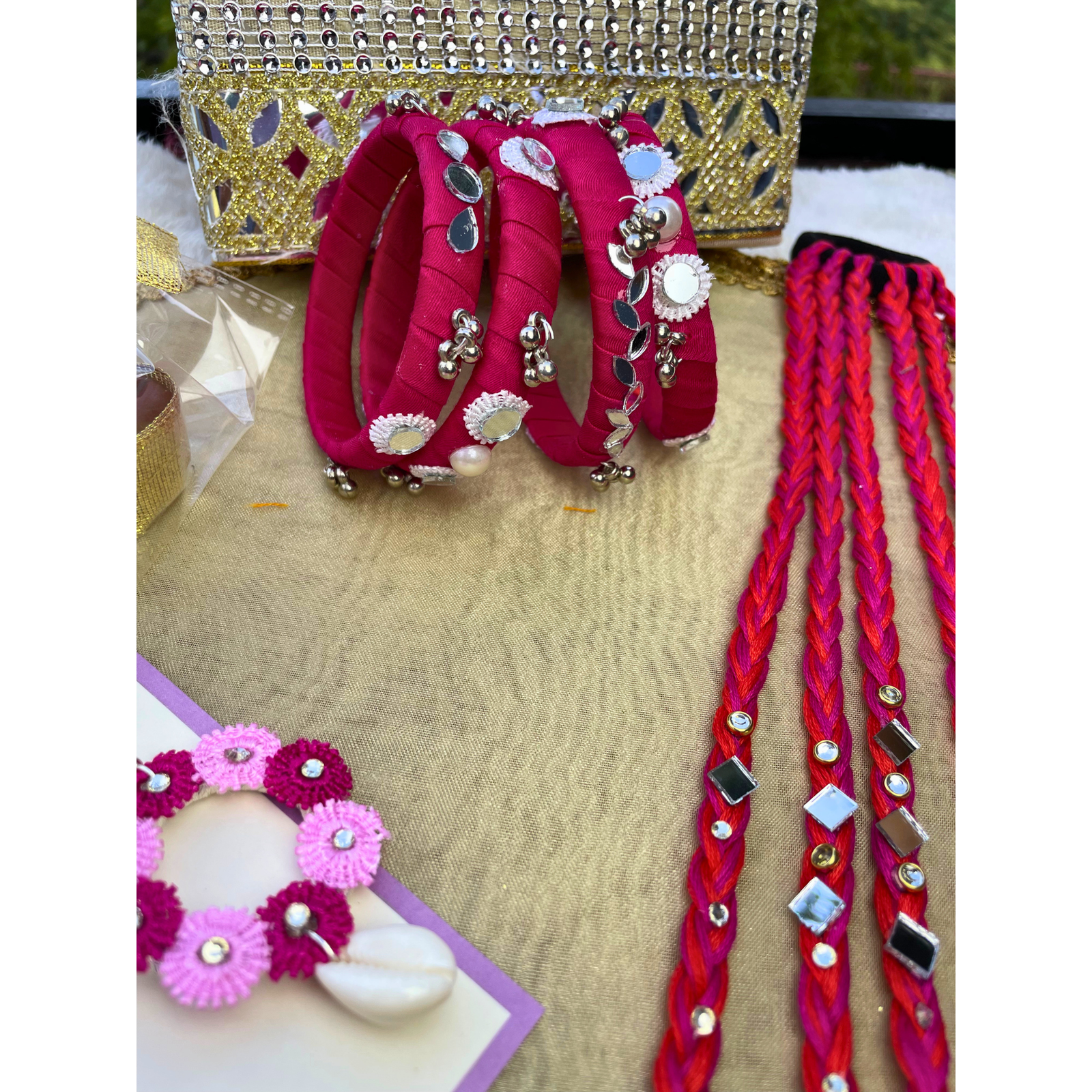 Boho Rakhi Hamper – Braided Hair String, Bangles & Earrings Set