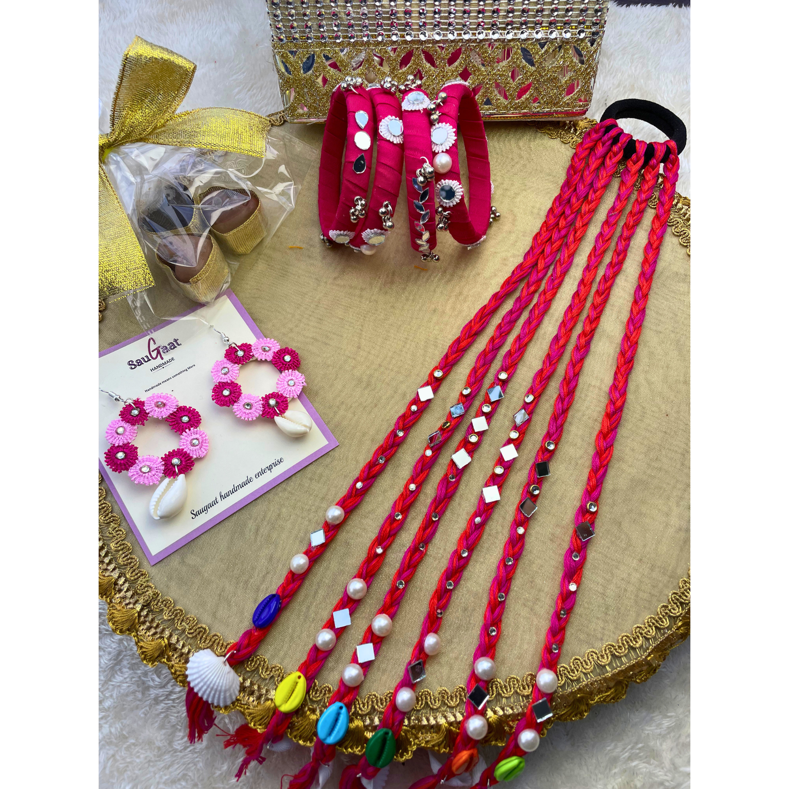 Boho Rakhi Hamper – Braided Hair String, Bangles & Earrings Set