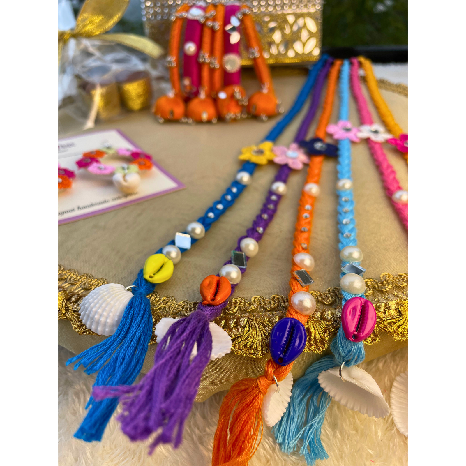 Rakhi Gift Hamper – Multicolor Boho Hair String, Bangles & Floral Earrings Se
