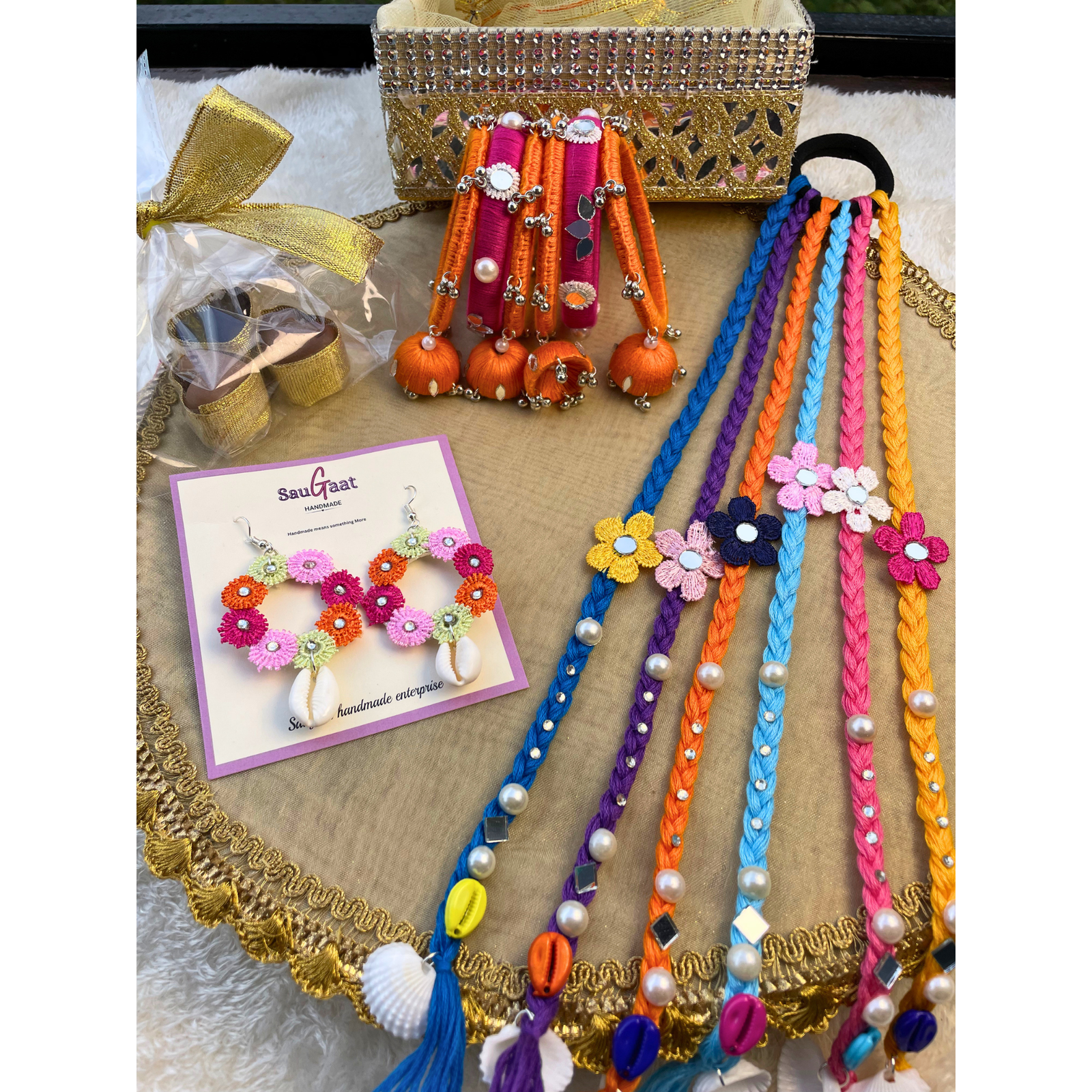 Rakhi Gift Hamper – Multicolor Boho Hair String, Bangles & Floral Earrings Se