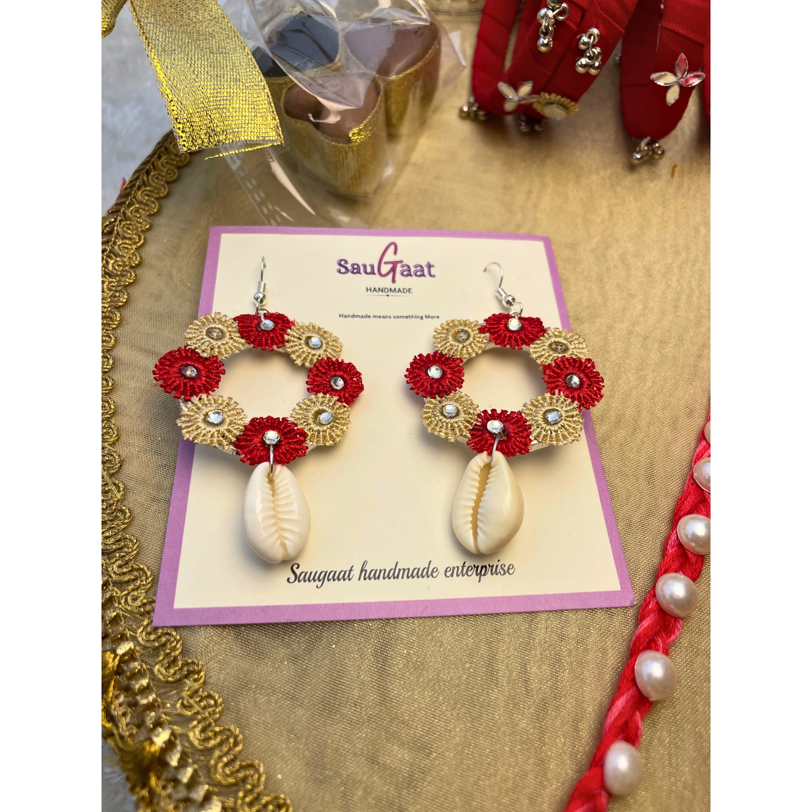 Rakhi Gift Hamper – Red Braided Hair String, Bangles & Floral Earrings Set