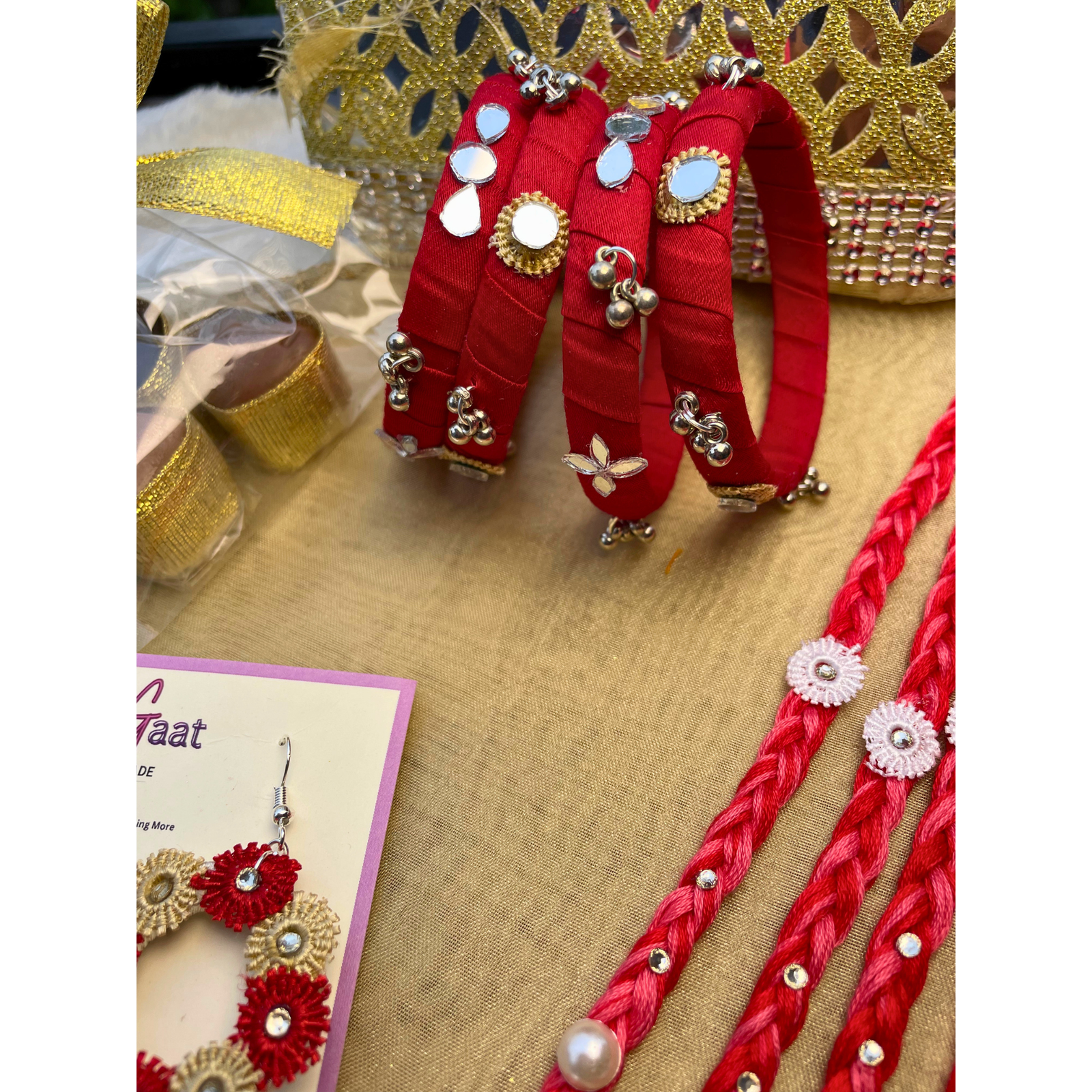 Rakhi Gift Hamper – Red Braided Hair String, Bangles & Floral Earrings Set