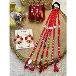 Rakhi Gift Hamper – Red Braided Hair String, Bangles & Floral Earrings Set