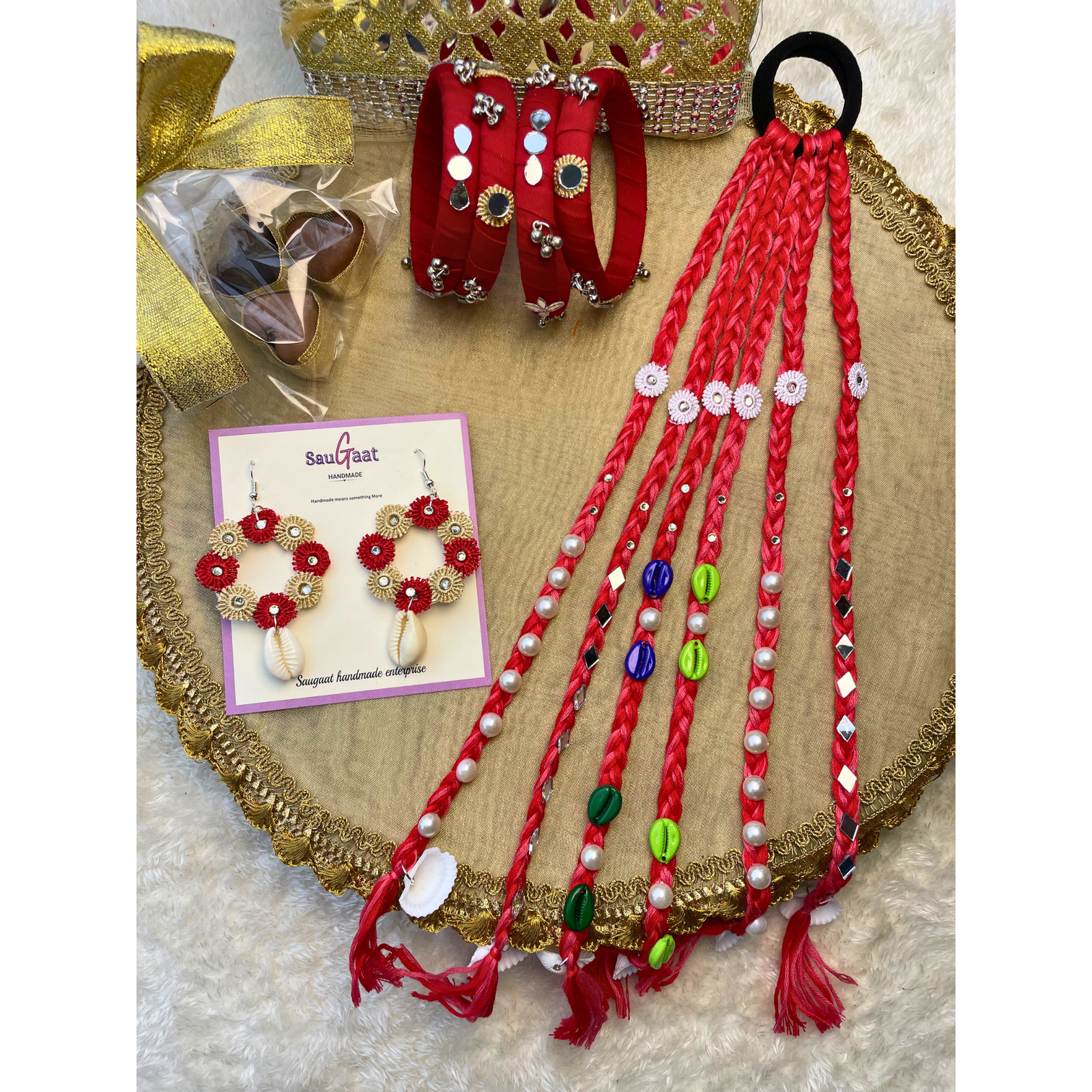 Rakhi Gift Hamper – Red Braided Hair String, Bangles & Floral Earrings Set